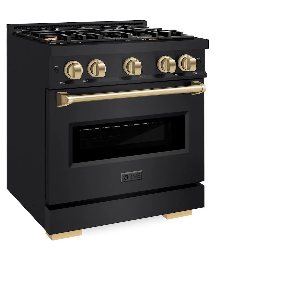 ZLINE Autograph Edition 30 in. 4.2 cu. ft. Classic Dual Fuel Range with 4 Burner Gas Cooktop and Electric Convection Oven in Black Stainless Steel with Champagne Bronze Accents, Open Box-Good Condition - Image 4