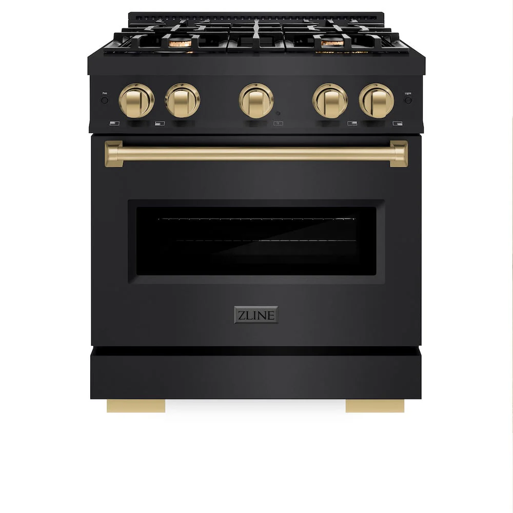 ZLINE Autograph Edition 30 in. 4.2 cu. ft. Classic Dual Fuel Range with 4 Burner Gas Cooktop and Electric Convection Oven in Black Stainless Steel with Champagne Bronze Accents, Open Box-Good Condition - Image 7