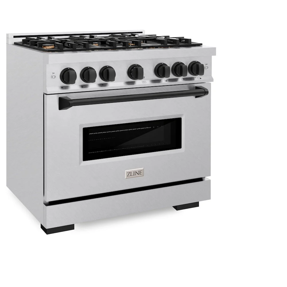 ZLINE Autograph Edition 36 in. 5.2 cu. ft. Classic Dual Fuel Range with 6 Burner Gas Cooktop and Electric Convection Oven in Satin Stainless Steel with Matte Black Accents, Open Box-Good Condition - Image 4