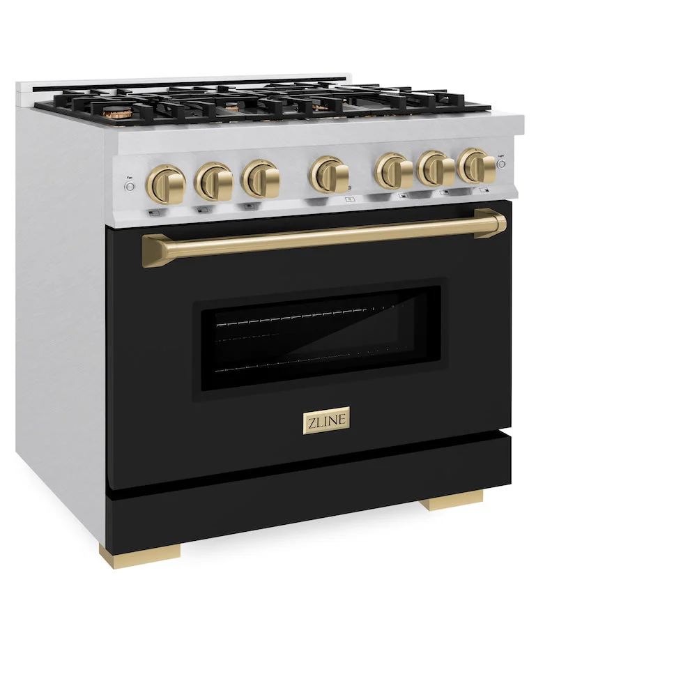 ZLINE Autograph Edition 36 in. 5.2 cu. ft. Classic Dual Fuel Range with 6 Burner Gas Cooktop and Electric Convection Oven in Satin Stainless Steel with Black Matte Door and Champagne Bronze Accents, Open Box-Good Condition - Image 4