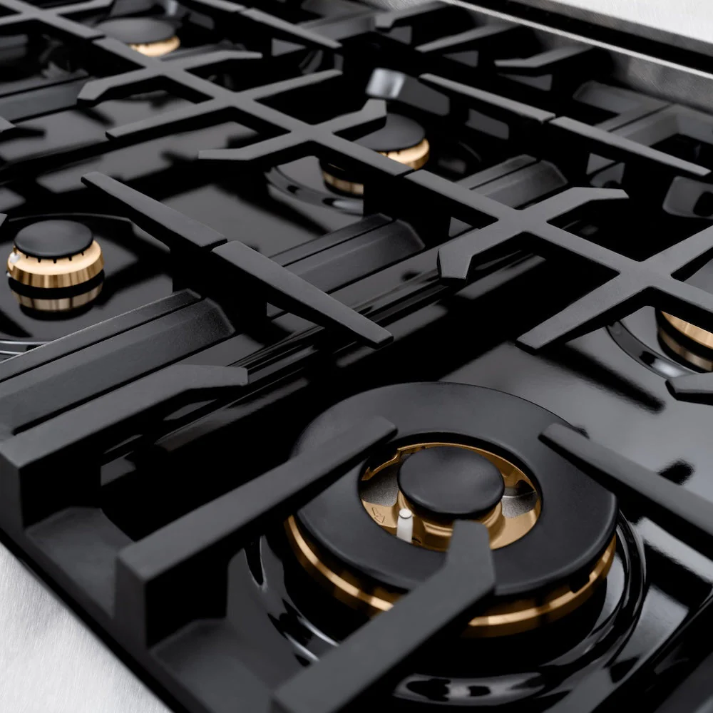 ZLINE Autograph Edition 36 in. 5.2 cu. ft. Classic Dual Fuel Range with 6 Burner Gas Cooktop and Electric Convection Oven in Satin Stainless Steel with Black Matte Door and Polished Gold Accents, Open Box-Good Condition - Image 2
