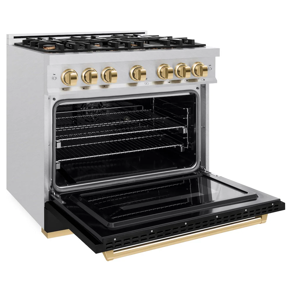 ZLINE Autograph Edition 36 in. 5.2 cu. ft. Classic Dual Fuel Range with 6 Burner Gas Cooktop and Electric Convection Oven in Satin Stainless Steel with Black Matte Door and Polished Gold Accents, Open Box-Good Condition - Image 5