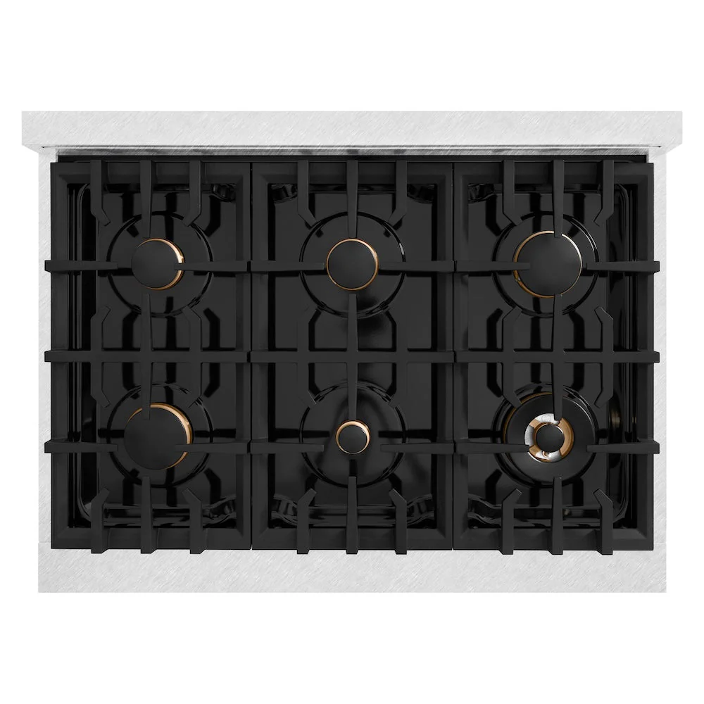 ZLINE Autograph Edition 36 in. 5.2 cu. ft. Classic Dual Fuel Range with 6 Burner Gas Cooktop and Electric Convection Oven in Satin Stainless Steel with Black Matte Door and Polished Gold Accents, Open Box-Good Condition - Image 6