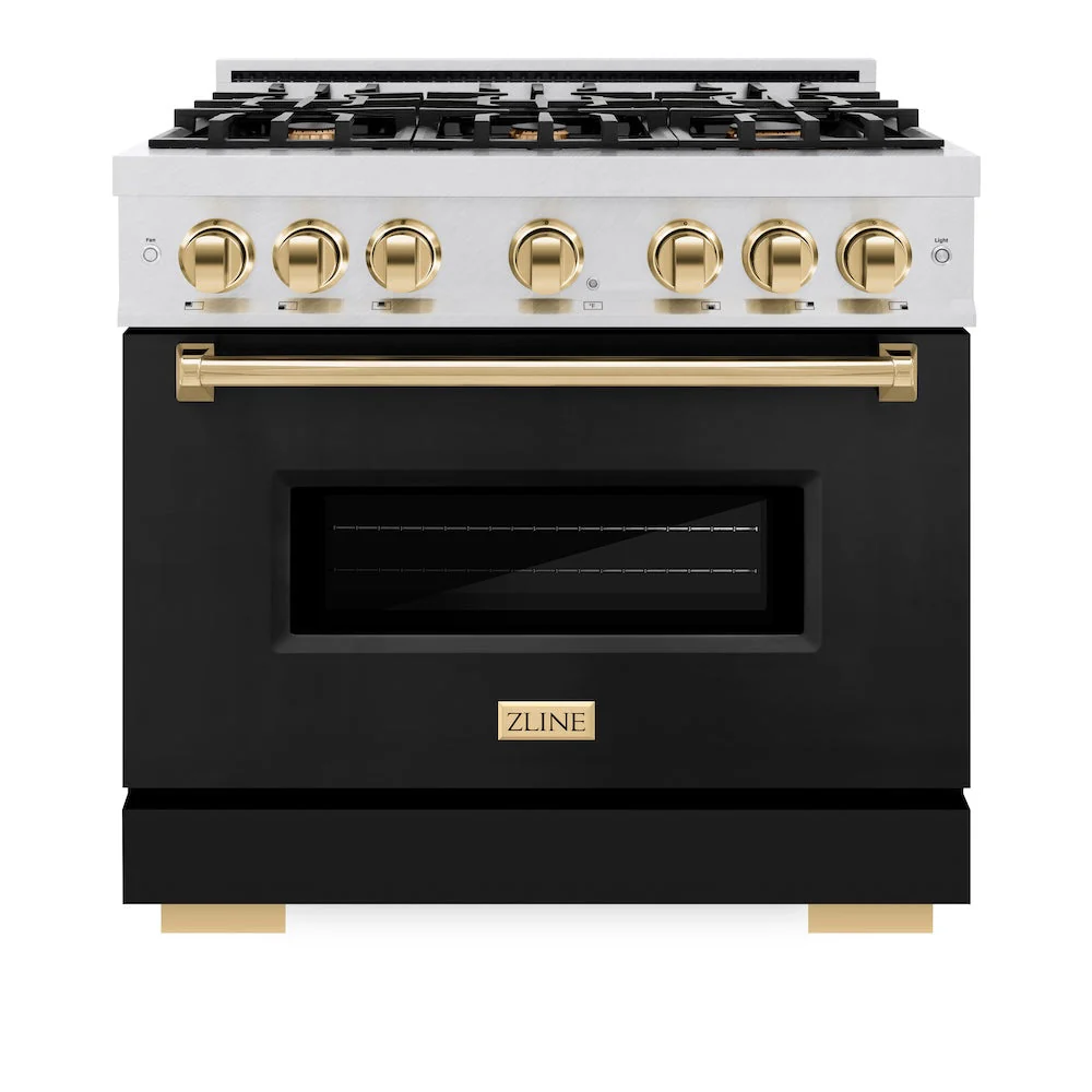 ZLINE Autograph Edition 36 in. 5.2 cu. ft. Classic Dual Fuel Range with 6 Burner Gas Cooktop and Electric Convection Oven in Satin Stainless Steel with Black Matte Door and Polished Gold Accents, Open Box-Good Condition - Image 7