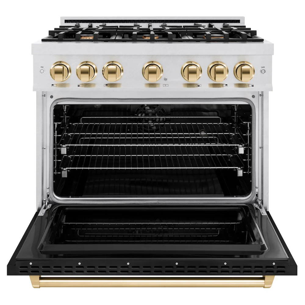 ZLINE Autograph Edition 36 in. 5.2 cu. ft. Classic Dual Fuel Range with 6 Burner Gas Cooktop and Electric Convection Oven in Satin Stainless Steel with Black Matte Door and Polished Gold Accents, Open Box-Good Condition - Image 8
