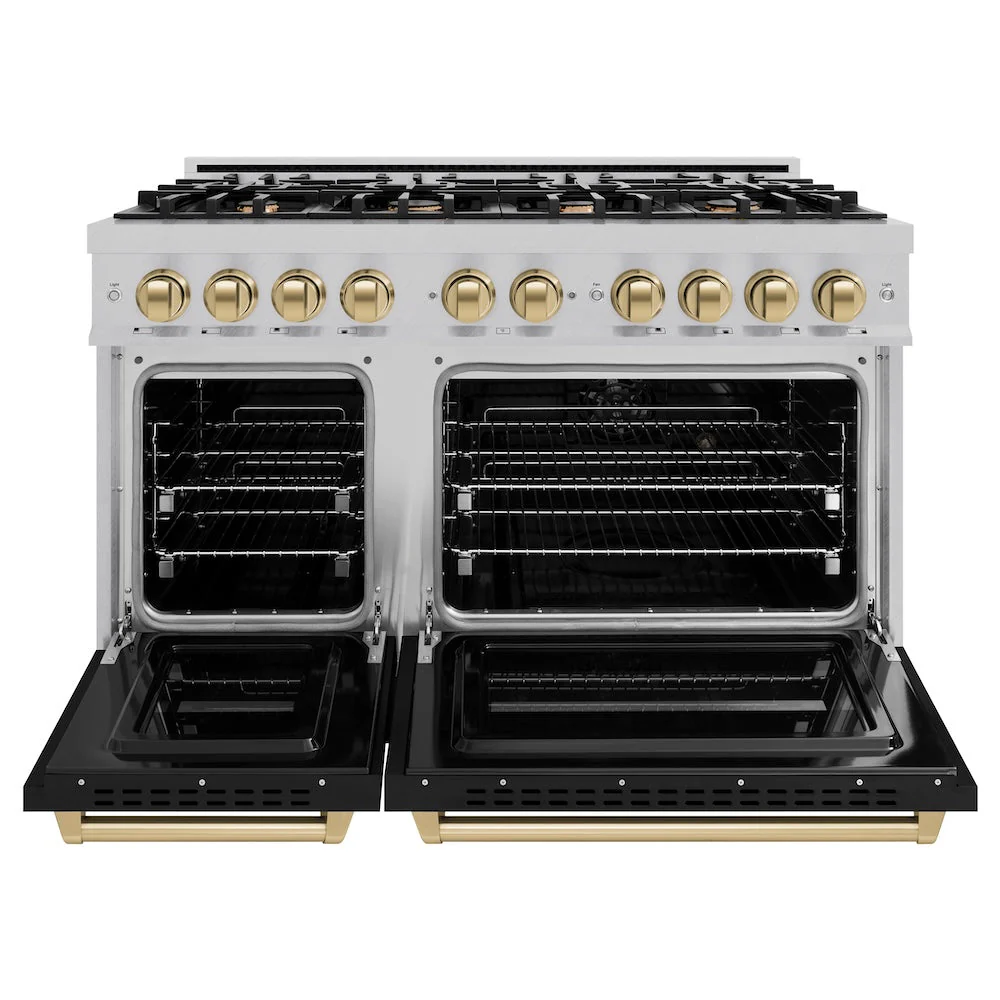 ZLINE Autograph Edition 48 in. 6.7 cu. ft. Classic Double Oven Dual Fuel Range with 8 Burner Gas Cooktop in Satin Stainless Steel with Black Matte Doors and Champagne Bronze Accents, Open Box-Good Condition - Image 7