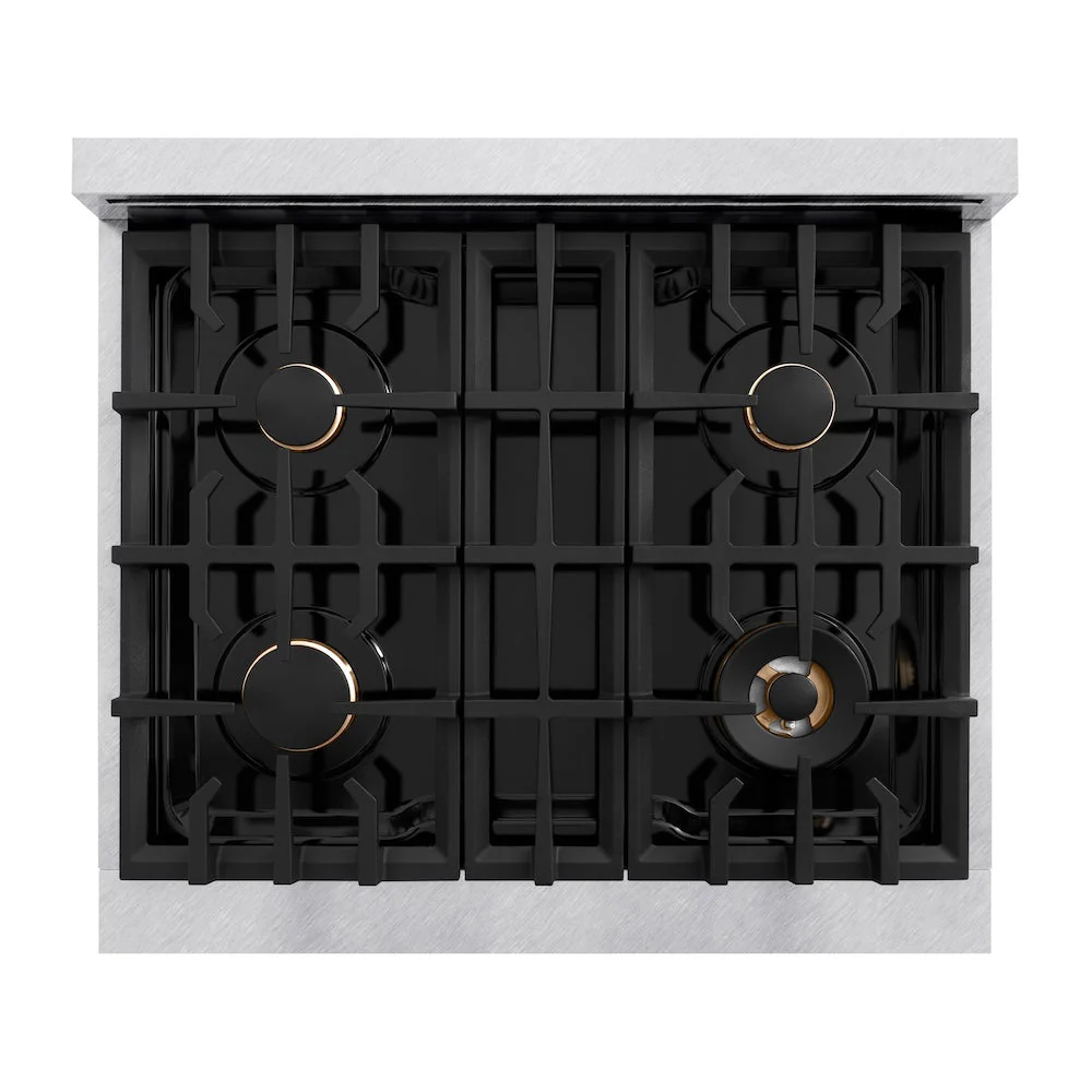 ZLINE Autograph Edition 30 in. 4.2 cu. ft. Classic Dual Fuel Range with 4 Burner Gas Cooktop and Electric Convection Oven in Satin Stainless Steel with White Matte Door and Champagne Bronze Accents, Open Box-Good Condition - Image 6