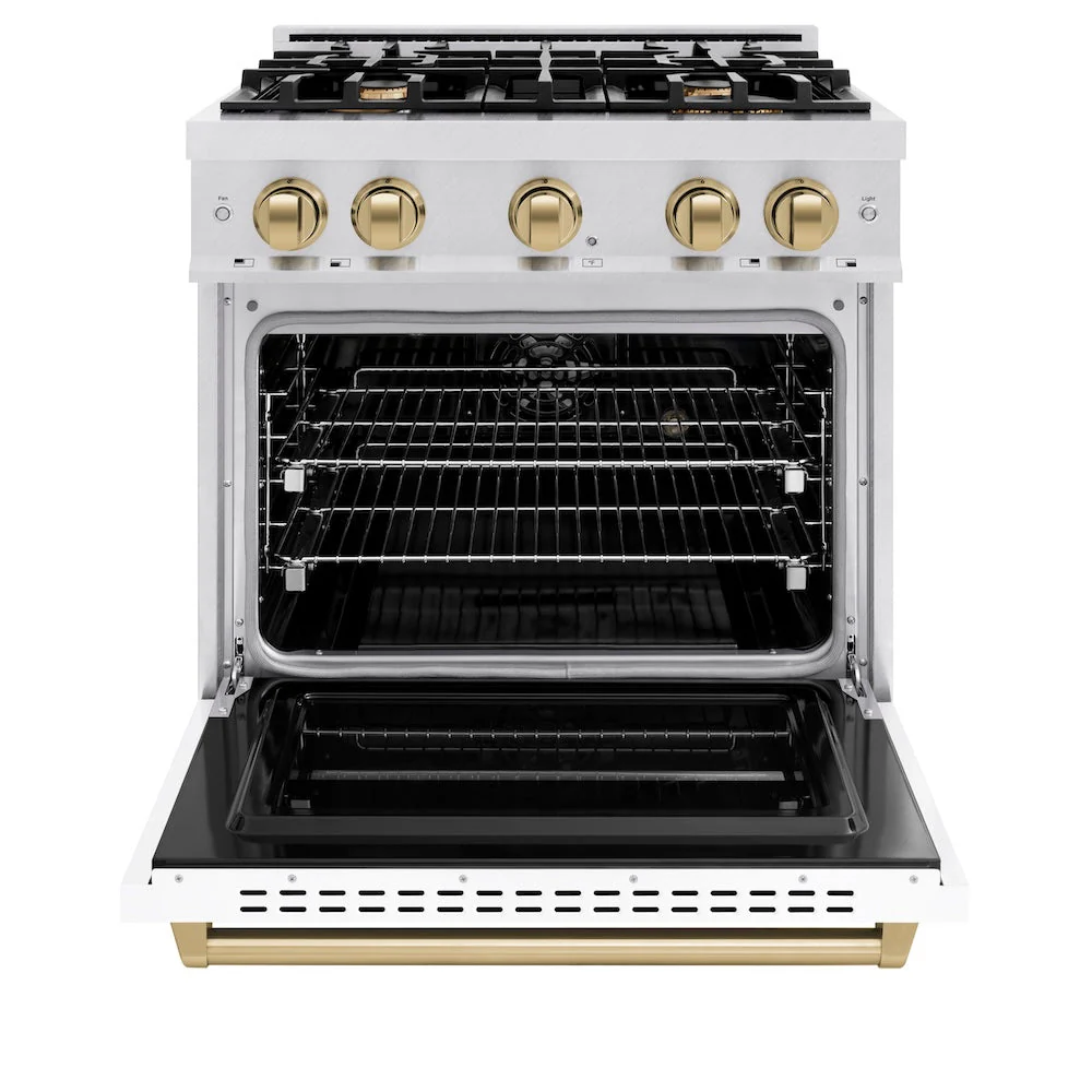 ZLINE Autograph Edition 30 in. 4.2 cu. ft. Classic Dual Fuel Range with 4 Burner Gas Cooktop and Electric Convection Oven in Satin Stainless Steel with White Matte Door and Champagne Bronze Accents, Open Box-Good Condition - Image 8