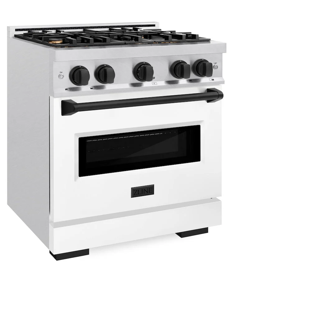 ZLINE Autograph Edition 30 in. 4.2 cu. ft. Classic Dual Fuel Range with 4 Burner Gas Cooktop and Electric Convection Oven in Satin Stainless Steel with White Matte Door and Matte Black Accents, Open Box-Good Condition - Image 4