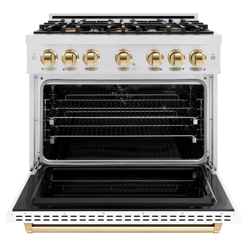 ZLINE Autograph Edition 36 in. 5.2 cu. ft. Classic Dual Fuel Range with 6 Burner Gas Cooktop and Electric Convection Oven in Satin Stainless Steel with White Matte Door and Polished Gold Accents, Open Box-Good Condition - Image 8