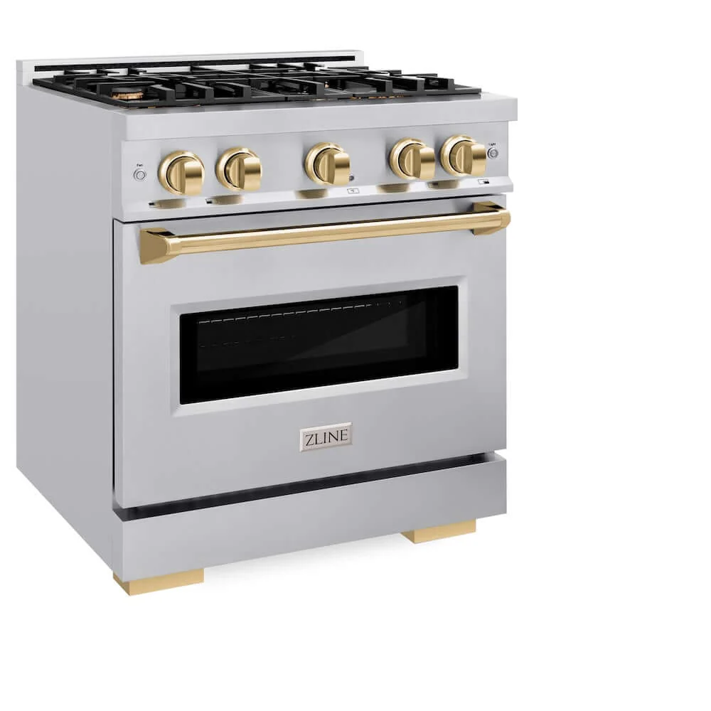 ZLINE Autograph Edition 30 in. 4.2 cu. ft. Classic Dual Fuel Range with 4 Burner Gas Cooktop and Electric Convection Oven in Stainless Steel with Polished Gold Accents, Open Box-Good Condition - Image 4