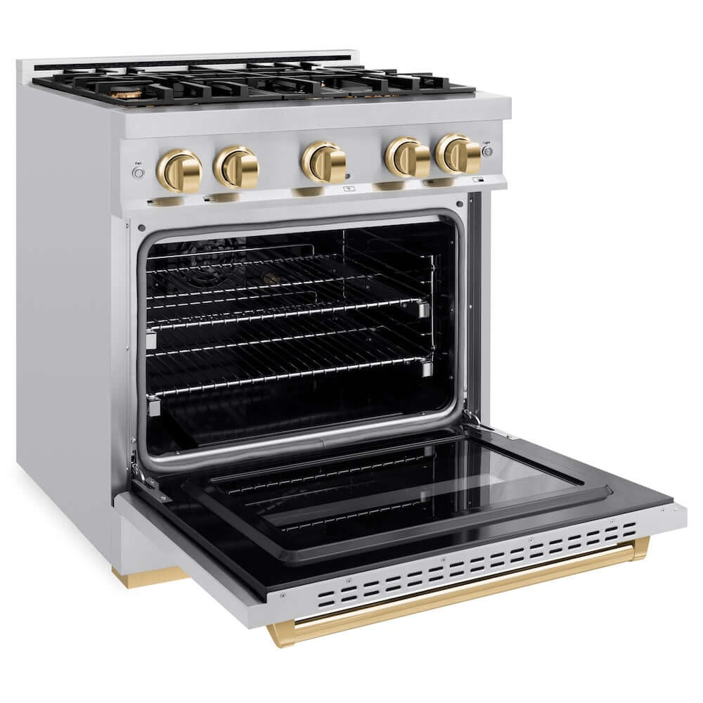 ZLINE Autograph Edition 30 in. 4.2 cu. ft. Classic Dual Fuel Range with 4 Burner Gas Cooktop and Electric Convection Oven in Stainless Steel with Polished Gold Accents, Open Box-Good Condition - Image 5