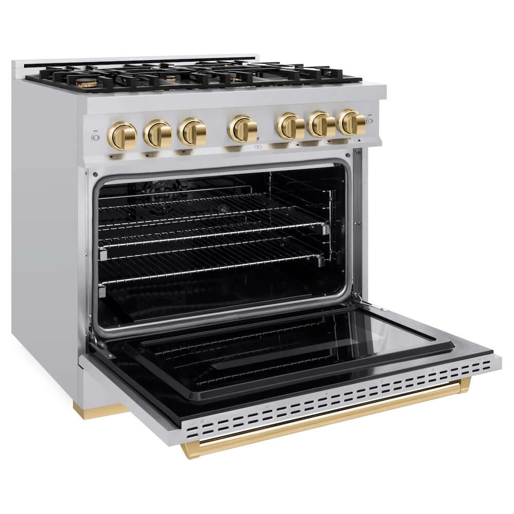 ZLINE Autograph Edition 36 in. 5.2 cu. ft. Classic Dual Fuel Range with 6 Burner Gas Cooktop and Electric Convection Oven in Stainless Steel with Polished Gold Accents, Open Box-Good Condition - Image 5