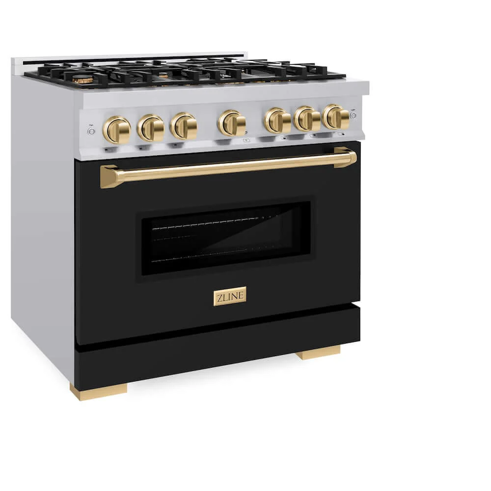 ZLINE Autograph Edition 36 in. 5.2 cu. ft. Classic Dual Fuel Range with 6 Burner Gas Cooktop and Electric Convection Oven in Stainless Steel with Black Matte Door and Polished Gold Accents, Open Box-Good Condition - Image 4