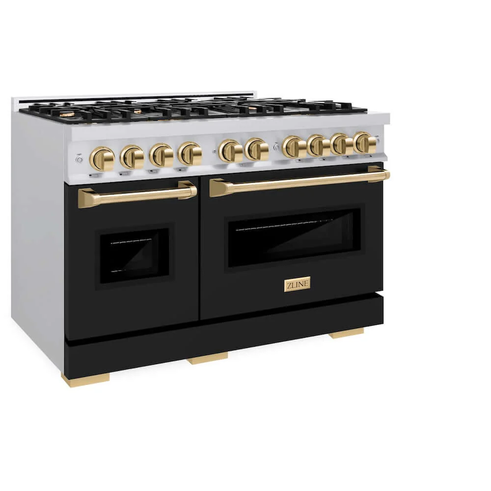ZLINE Autograph Edition 48 in. 6.7 cu. ft. Classic Double Oven Dual Fuel Range with 8 Burner Gas Cooktop in Stainless Steel with Black Matte Doors and Polished Gold Accents, Open Box-Good Condition - Image 4