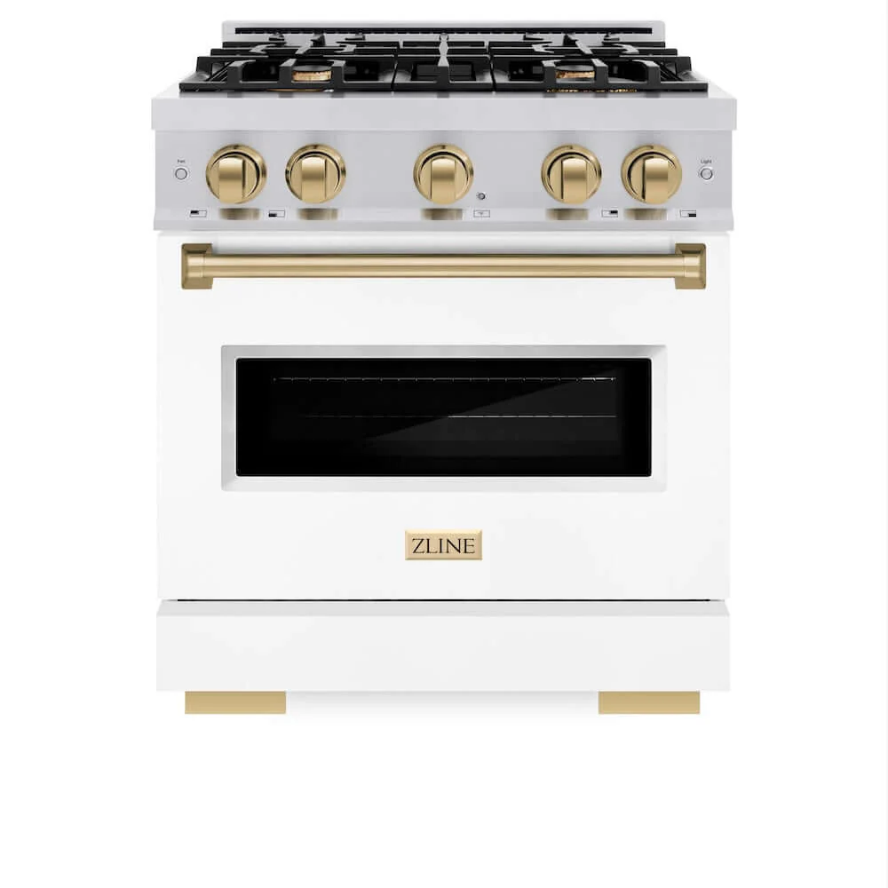 ZLINE Autograph Edition 30 in. 4.2 cu. ft. Classic Dual Fuel Range with 4 Burner Gas Cooktop and Electric Convection Oven in Stainless Steel with White Matte Door and Champagne Bronze Accents, Open Box-Good Condition - Image 7
