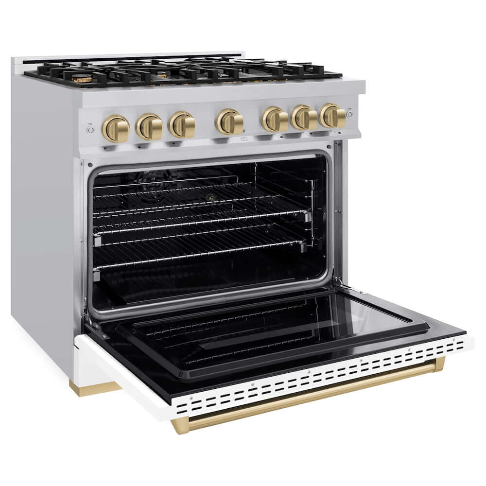 ZLINE Autograph Edition 36 in. 5.2 cu. ft. Classic Dual Fuel Range with 6 Burner Gas Cooktop and Electric Convection Oven in Stainless Steel with White Matte Door and Champagne Bronze Accents, Open Box-Good Condition - Image 5