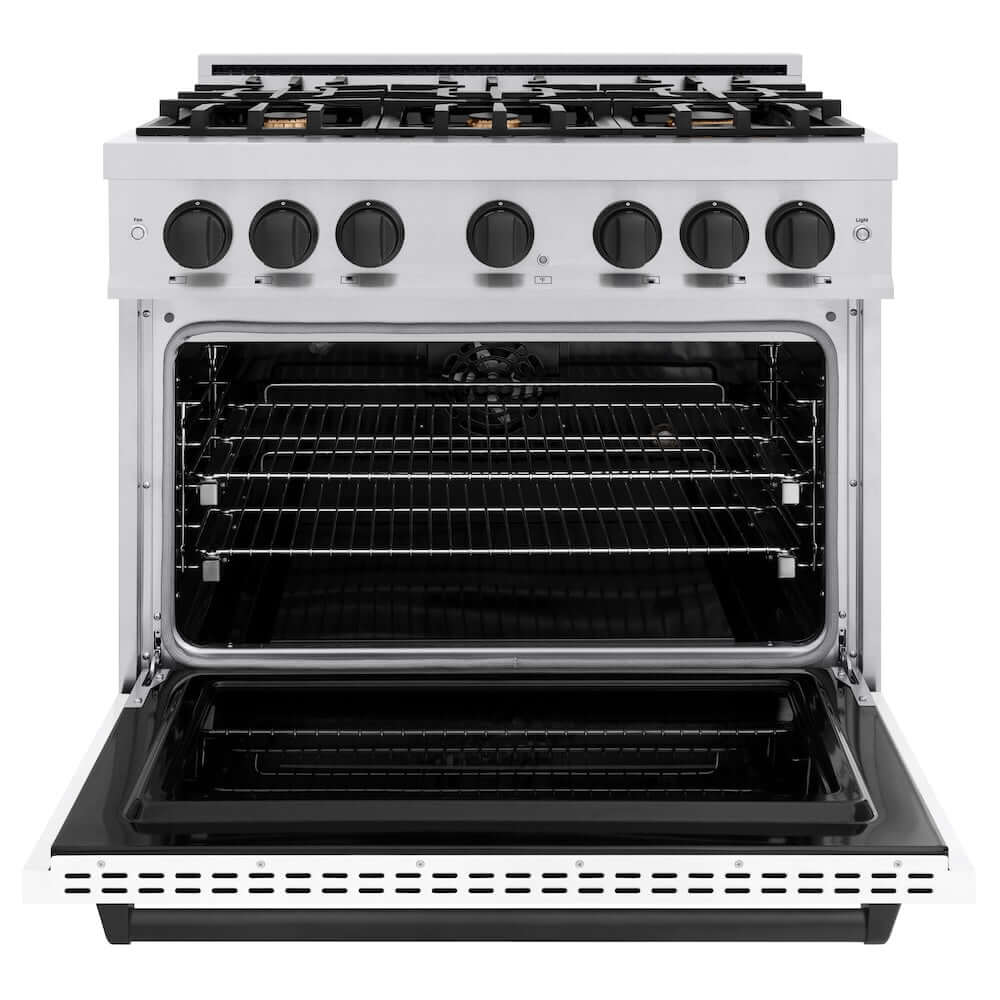 ZLINE Autograph Edition 36 in. 5.2 cu. ft. Classic Dual Fuel Range with 6 Burner Gas Cooktop and Electric Convection Oven in Stainless Steel with White Matte Door and Matte Black Accents, Open Box-Good Condition - Image 8