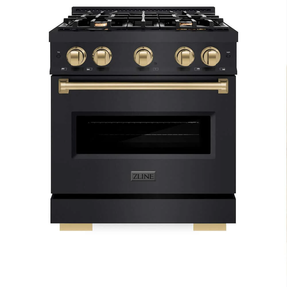 ZLINE Autograph Edition 30 in. 4.2 cu. ft. Classic Gas Range with 4 Burner Cooktop and Convection Gas Oven in Black Stainless Steel and Champagne Bronze Accents, Open Box-Good Condition - Image 7