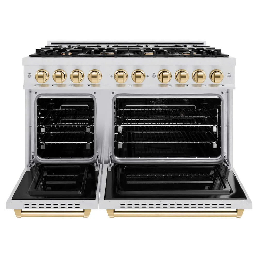 ZLINE Autograph Edition 48 in. 6.7 cu. ft. Classic Double Oven Gas Range with 8 Burner Cooktop in Satin Stainless Steel and Polished Gold Accents, Open Box-Good Condition - Image 7