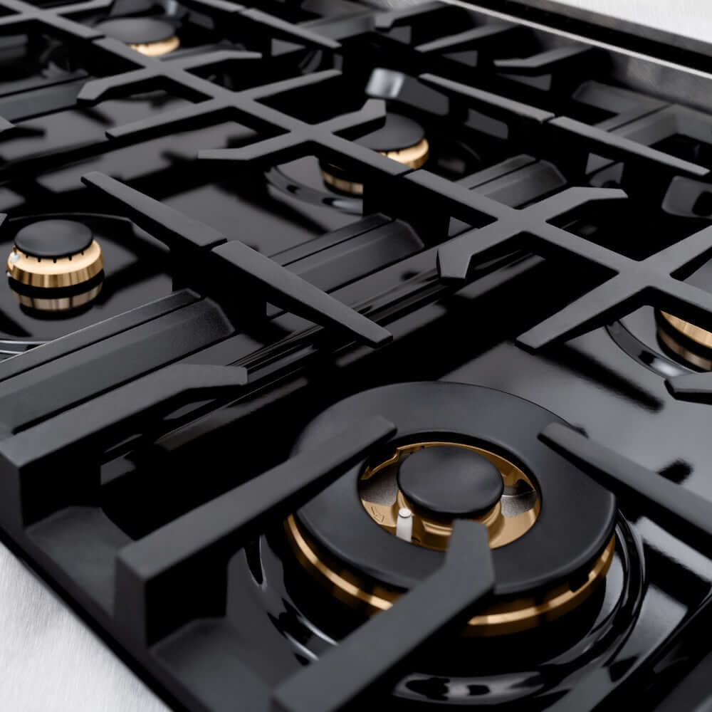 ZLINE Autograph Edition 36 in. 5.2 cu. ft. Classic Gas Range with 6 Burner Cooktop and Convection Gas Oven in Satin Stainless Steel with Black Matte Door and Polished Gold Accents, Open Box-Good Condition - Image 2
