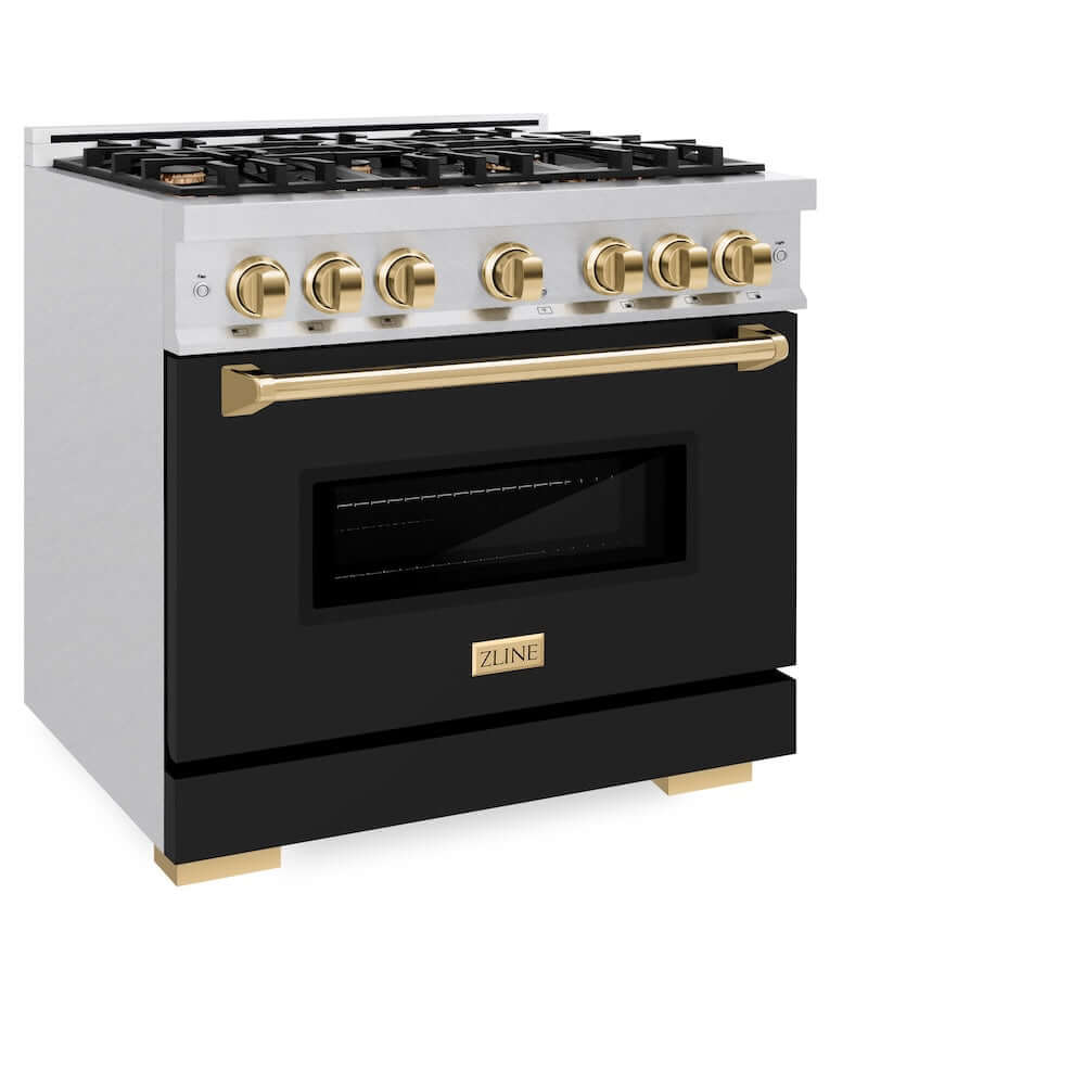 ZLINE Autograph Edition 36 in. 5.2 cu. ft. Classic Gas Range with 6 Burner Cooktop and Convection Gas Oven in Satin Stainless Steel with Black Matte Door and Polished Gold Accents, Open Box-Good Condition - Image 4