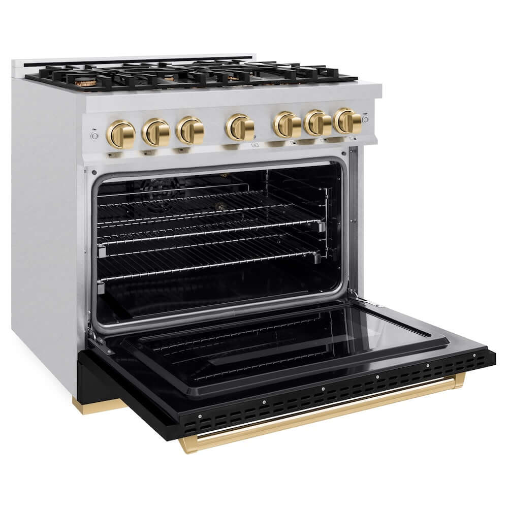 ZLINE Autograph Edition 36 in. 5.2 cu. ft. Classic Gas Range with 6 Burner Cooktop and Convection Gas Oven in Satin Stainless Steel with Black Matte Door and Polished Gold Accents, Open Box-Good Condition - Image 5