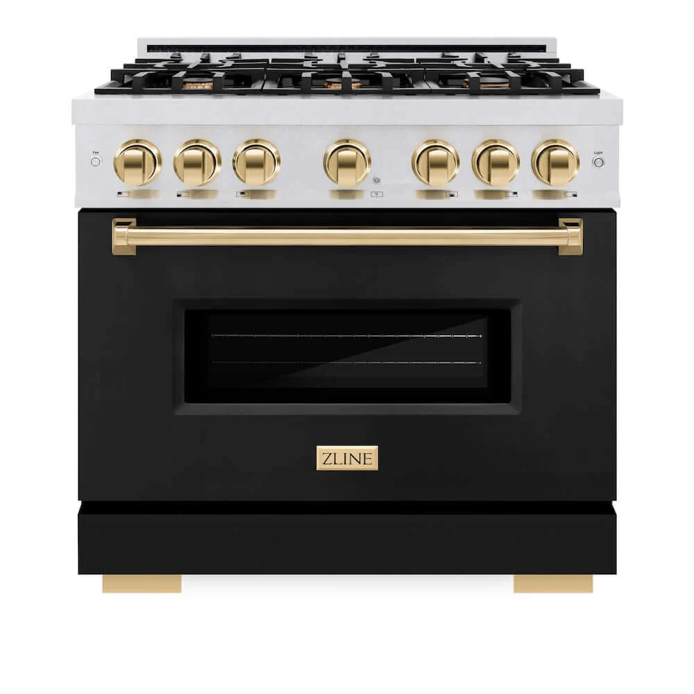ZLINE Autograph Edition 36 in. 5.2 cu. ft. Classic Gas Range with 6 Burner Cooktop and Convection Gas Oven in Satin Stainless Steel with Black Matte Door and Polished Gold Accents, Open Box-Good Condition - Image 7