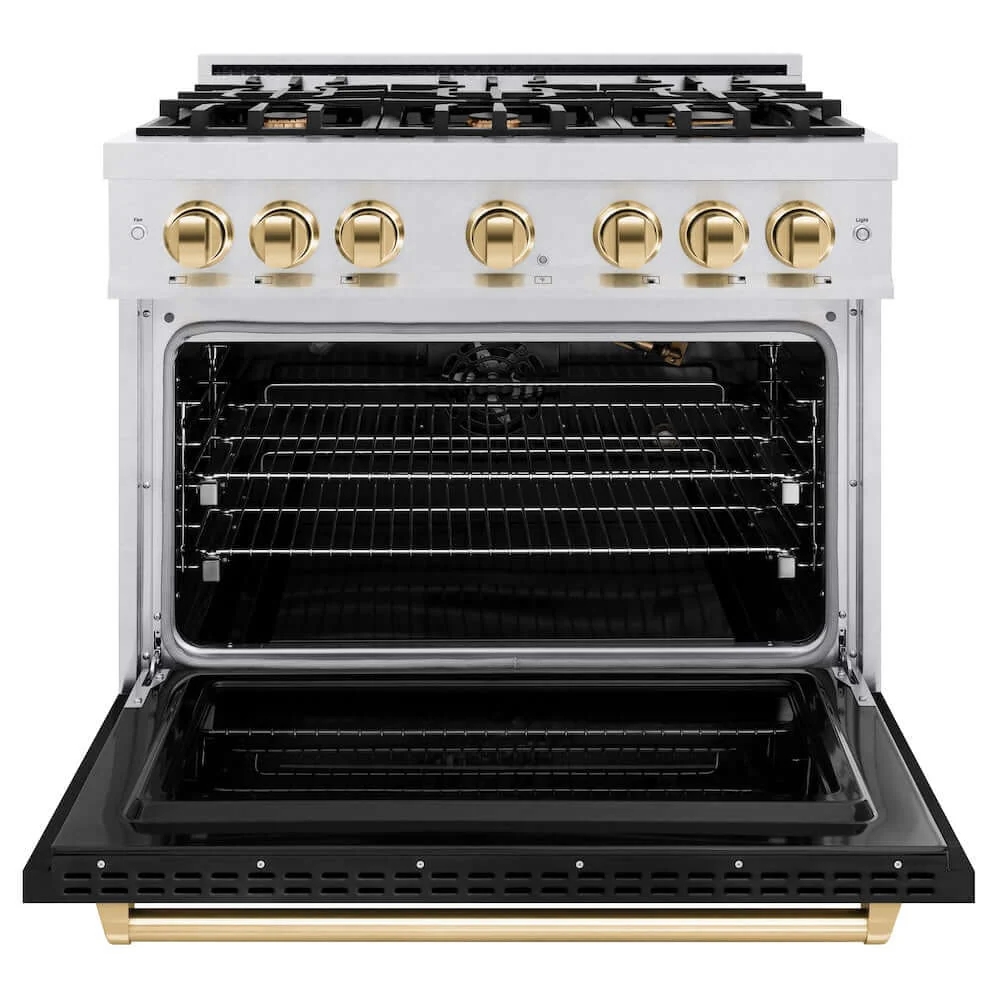 ZLINE Autograph Edition 36 in. 5.2 cu. ft. Classic Gas Range with 6 Burner Cooktop and Convection Gas Oven in Satin Stainless Steel with Black Matte Door and Polished Gold Accents, Open Box-Good Condition - Image 8