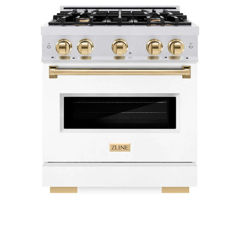 ZLINE Autograph Edition 30 in. 4.2 cu. ft. Classic Gas Range with 4 Burner Cooktop and Convection Gas Oven in Satin Stainless Steel with White Matte Door and Polished Gold Accents, Open Box-Good Condition - Image 7