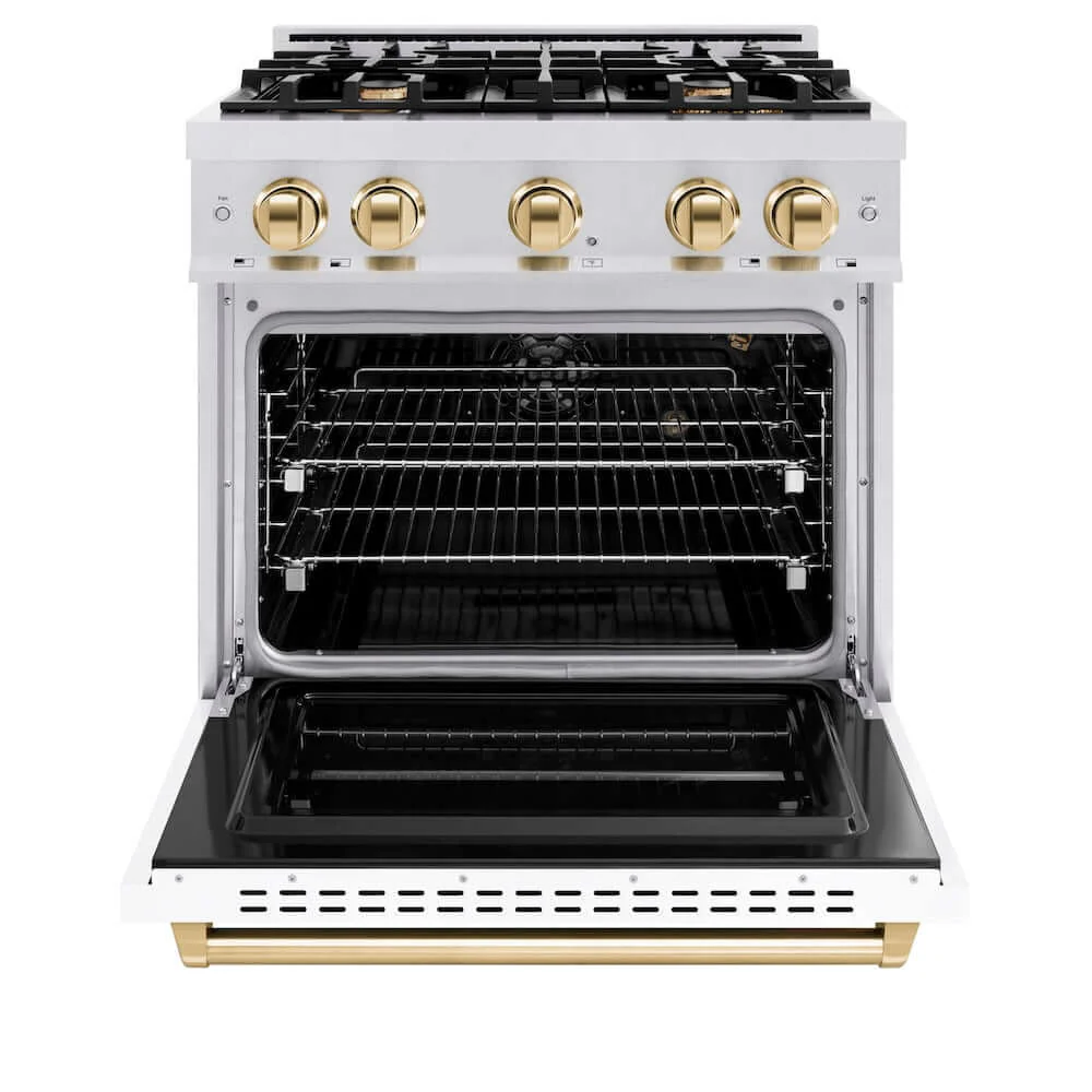 ZLINE Autograph Edition 30 in. 4.2 cu. ft. Classic Gas Range with 4 Burner Cooktop and Convection Gas Oven in Satin Stainless Steel with White Matte Door and Polished Gold Accents, Open Box-Good Condition - Image 8