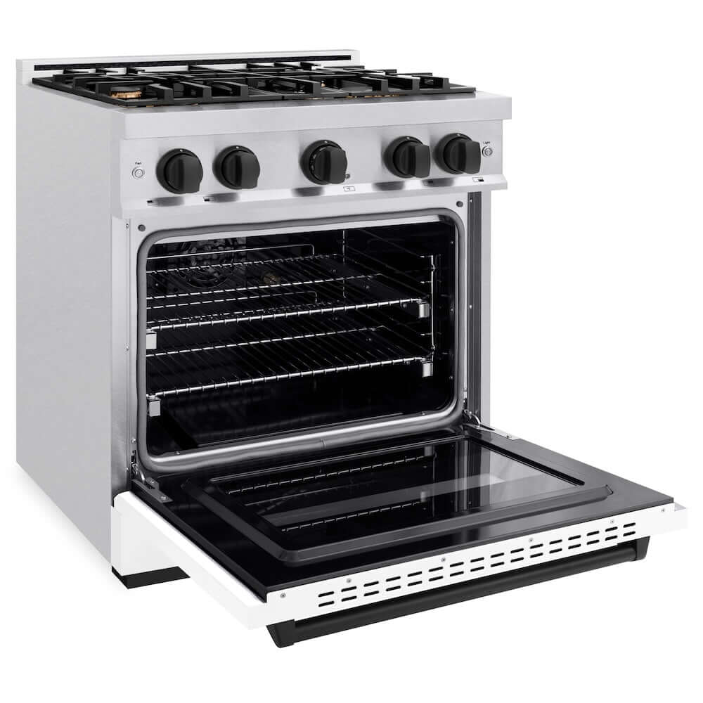 ZLINE Autograph Edition 30 in. 4.2 cu. ft. Classic Gas Range with 4 Burner Cooktop and Convection Gas Oven in Satin Stainless Steel with White Matte Door and Matte Black Accents, Open Box-Good Condition - Image 5