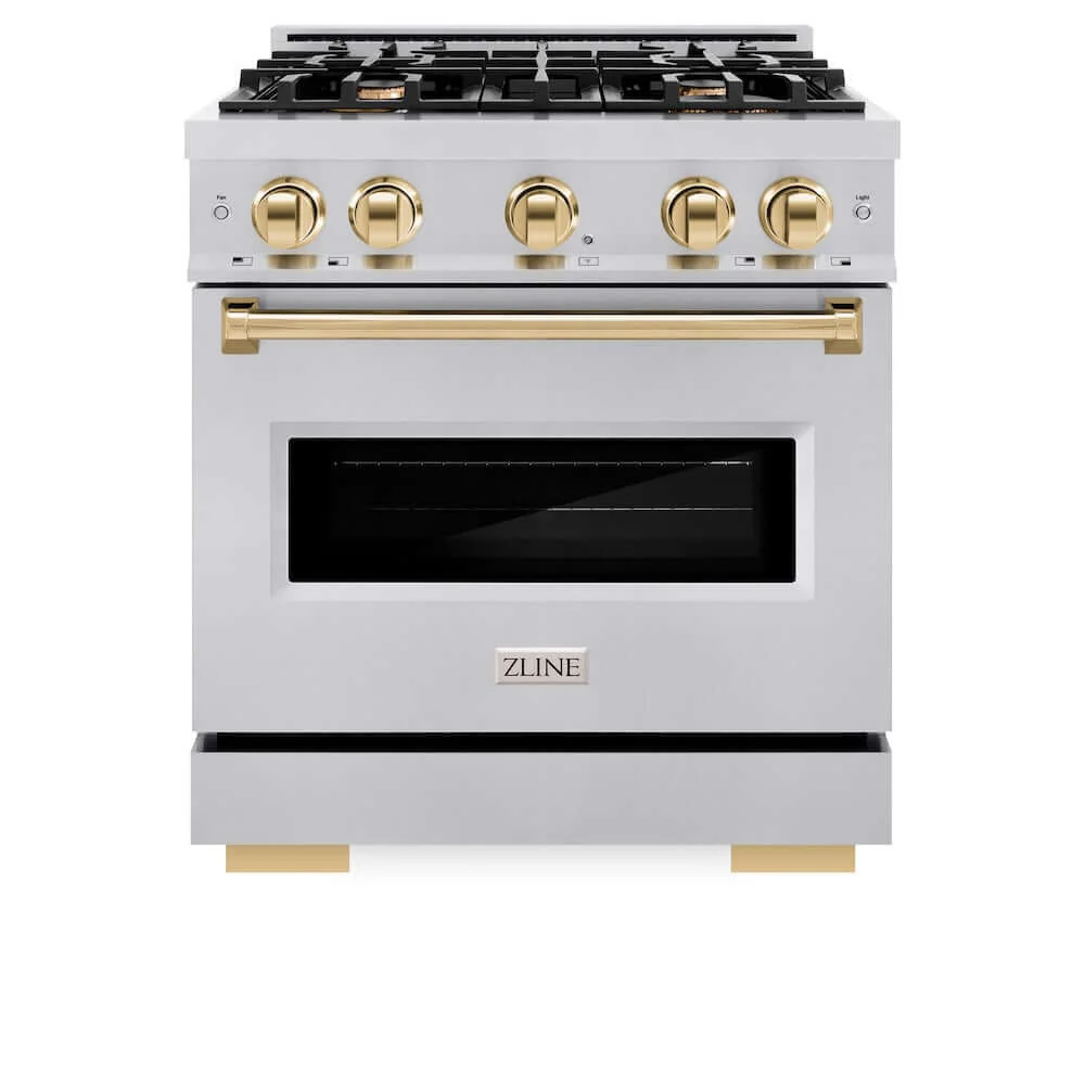ZLINE Autograph Edition 30 in. 4.2 cu. ft. Classic Gas Range with 4 Burner Cooktop and Convection Gas Oven in Stainless Steel and Polished Gold Accents, Open Box-Good Condition - Image 7