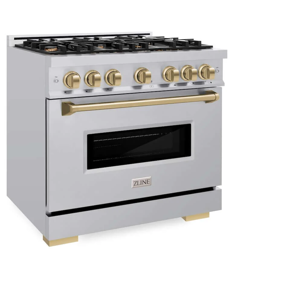 ZLINE Autograph Edition 36 in. 5.2 cu. ft. Classic Gas Range with 6 Burner Cooktop and Convection Gas Oven in Stainless Steel and Champagne Bronze Accents, Open Box-Good Condition - Image 4