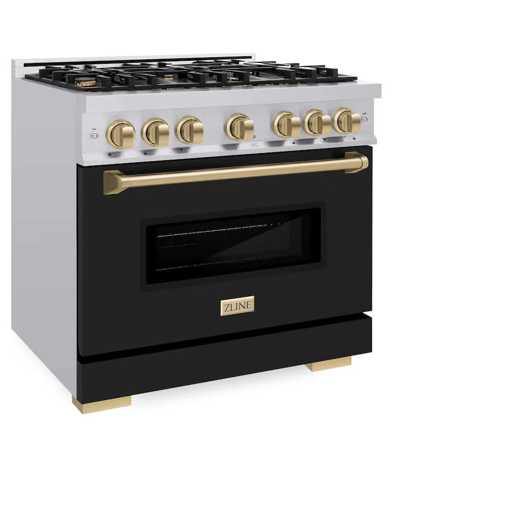 ZLINE Autograph Edition 36 in. 5.2 cu. ft. Classic Gas Range with 6 Burner Cooktop and Convection Gas Oven in Stainless Steel with Black Matte Door and Champagne Bronze Accents, Open Box-Good Condition - Image 4
