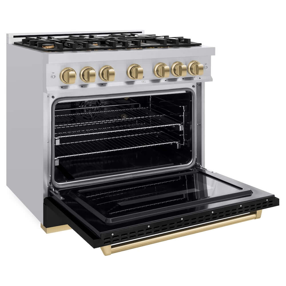 ZLINE Autograph Edition 36 in. 5.2 cu. ft. Classic Gas Range with 6 Burner Cooktop and Convection Gas Oven in Stainless Steel with Black Matte Door and Champagne Bronze Accents, Open Box-Good Condition - Image 5