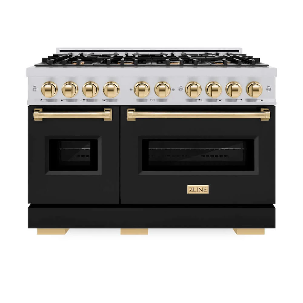 ZLINE Autograph Edition 48 in. 6.7 cu. ft. Classic Double Oven Gas Range with 8 Burner Cooktop in Stainless Steel with Black Matte Doors and Polished Gold Accents, Open Box-Good Condition - Image 6