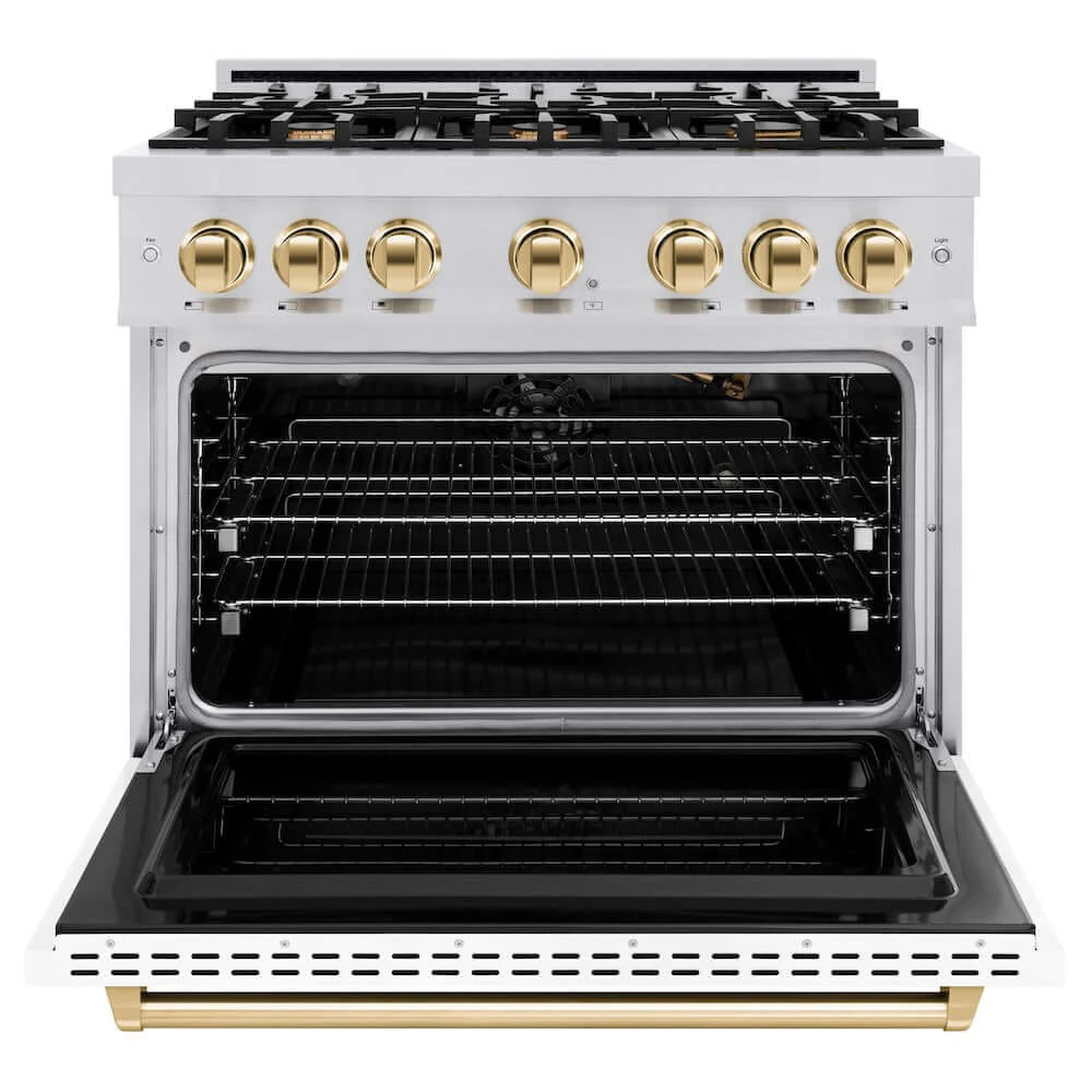 ZLINE Autograph Edition 36 in. 5.2 cu. ft. Classic Gas Range with 6 Burner Cooktop and Convection Gas Oven in Stainless Steel with White Matte Door and Polished Gold Accents, Open Box-Good Condition - Image 8