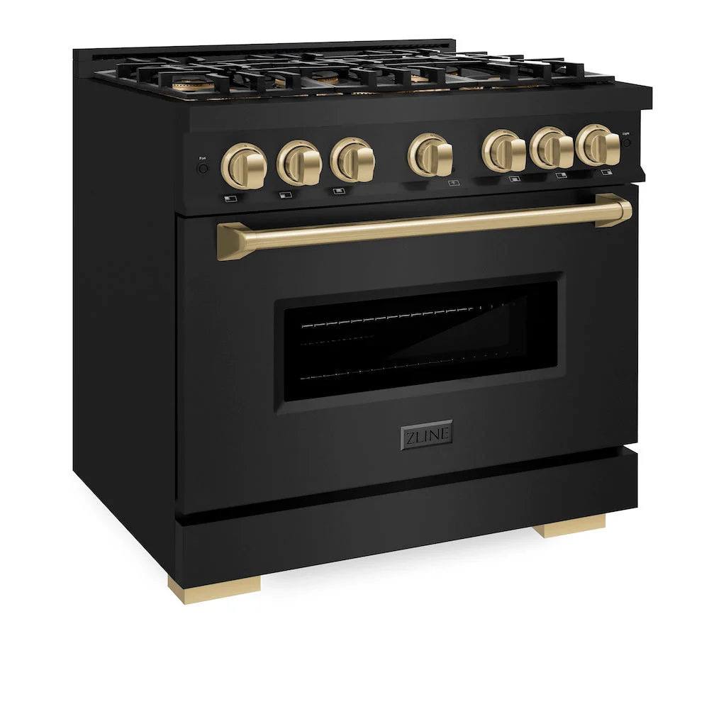 ZLINE Autograph Edition 36 in. 5.2 cu. ft. Classic Dual Fuel Range with 6 Burner DuoPro™ Cooktop and Electric Convection Oven in Black Stainless Steel and Champagne Bronze Accents, Open Box-Good Condition - Image 9