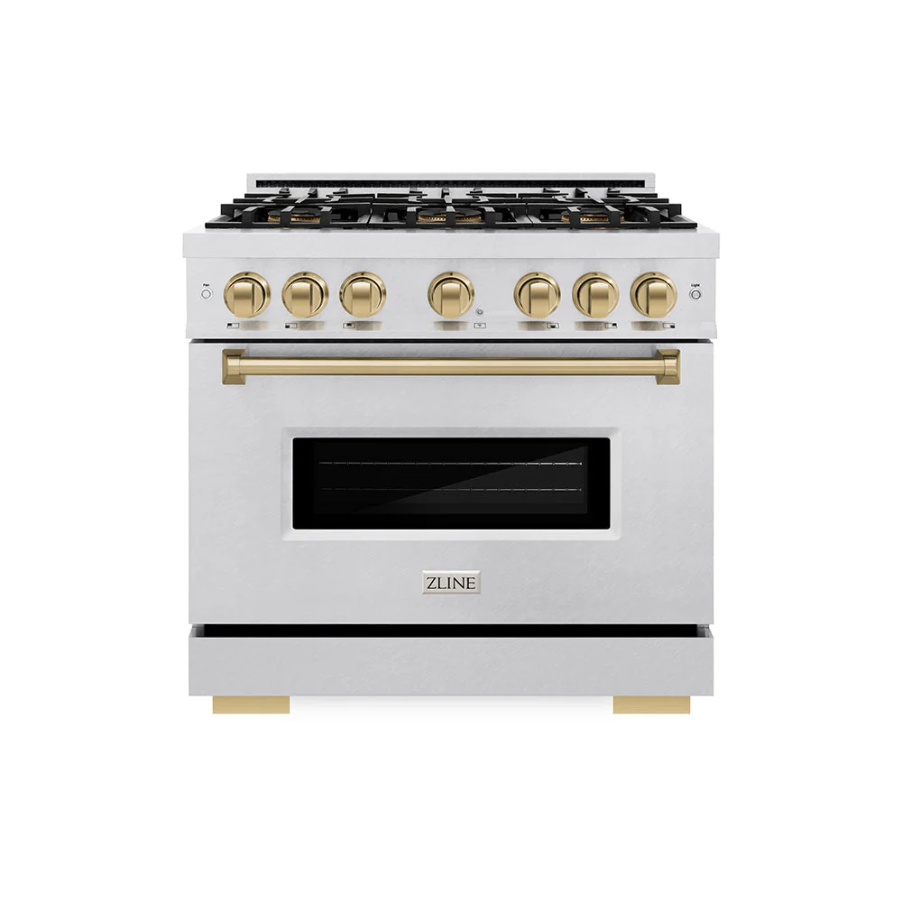 ZLINE Autograph Edition 36 in. 5.2 cu. ft. Classic Dual Fuel Range with 6 Burner DuoPro™ Cooktop and Electric Convection Oven in Satin Stainless Steel and Champagne Bronze Accents, Open Box-Good Condition - Image 9