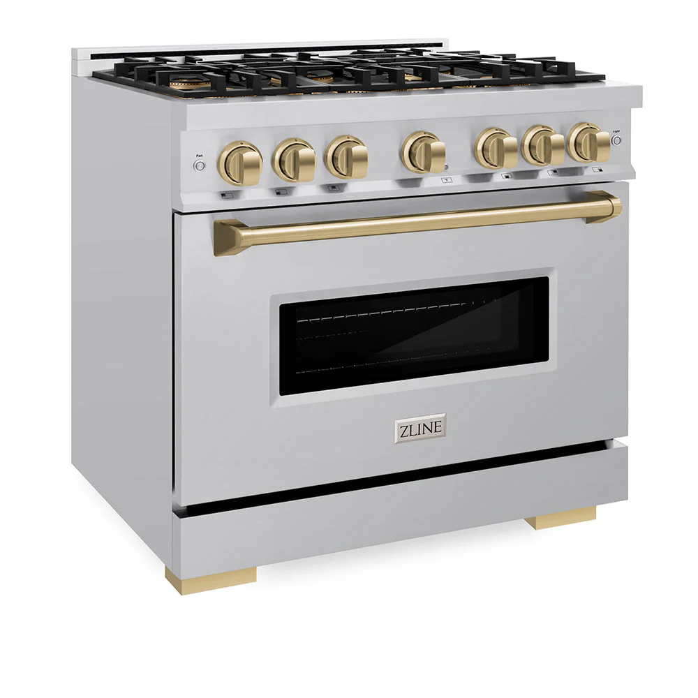ZLINE Autograph Edition 36 in. 5.2 cu. ft. Classic Dual Fuel Range with 6 Burner DuoPro™ Cooktop and Electric Convection Oven in Stainless Steel and Champagne Bronze Accents, Open Box-Good Condition - Image 10
