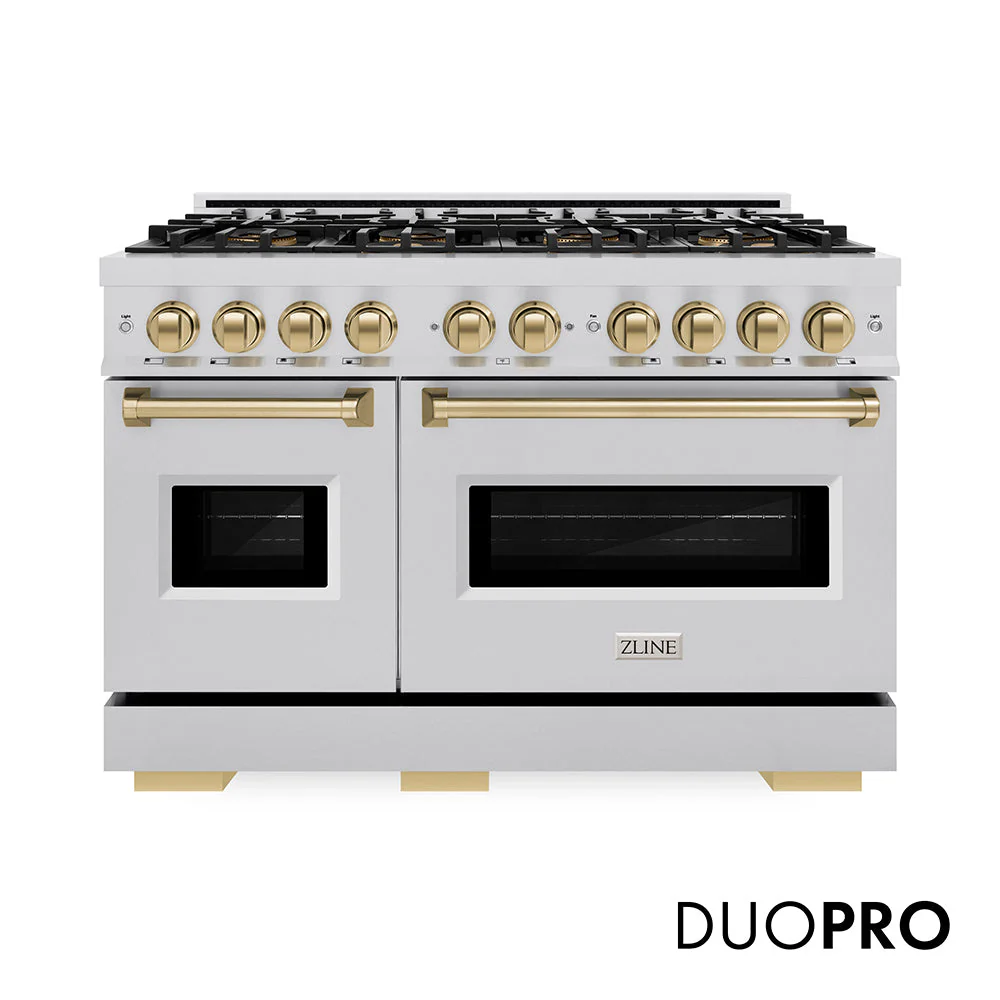 ZLINE Autograph Edition 48 in. 6.7 cu. ft. Classic Dual Fuel Range with 8 Burner DuoPro™ Cooktop and Dual Ovens in Stainless Steel and Champagne Bronze Accents, Open Box-Good Condition