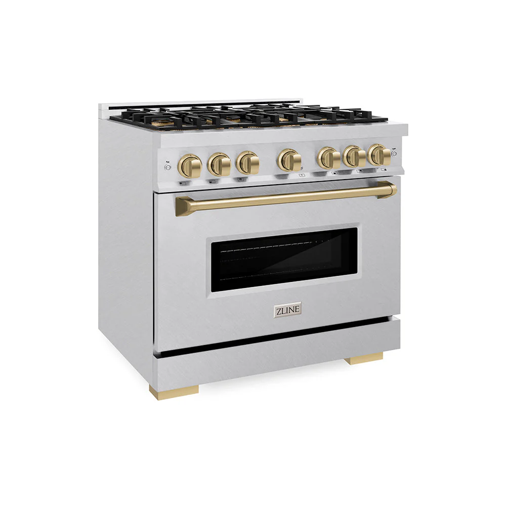 ZLINE Autograph Edition 36 in. 5.2 cu. ft. Classic Gas Range with 6 Burner DuoPro™ Cooktop and Convection Gas Oven in Satin Stainless Steel and Champagne Bronze Accents, Open Box-Good Condition - Image 9
