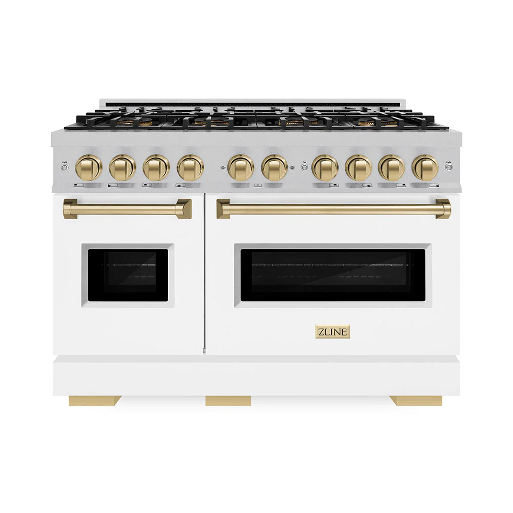 ZLINE Autograph Edition 48 in. 6.7 cu. ft. Classic Gas Range with 8 Burner DuoPro™ Cooktop and Dual Ovens in Satin Stainless Steel with White Matte Doors and Champagne Bronze Accents, Open Box-Good Condition - Image 10