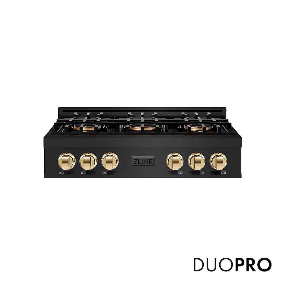 ZLINE Autograph Edition 36 in. Classic Gas Rangetop with 6 Burner DuoPro™ Cooktop in Black Stainless Steel and Polished Gold Accents, Open Box-Good Condition