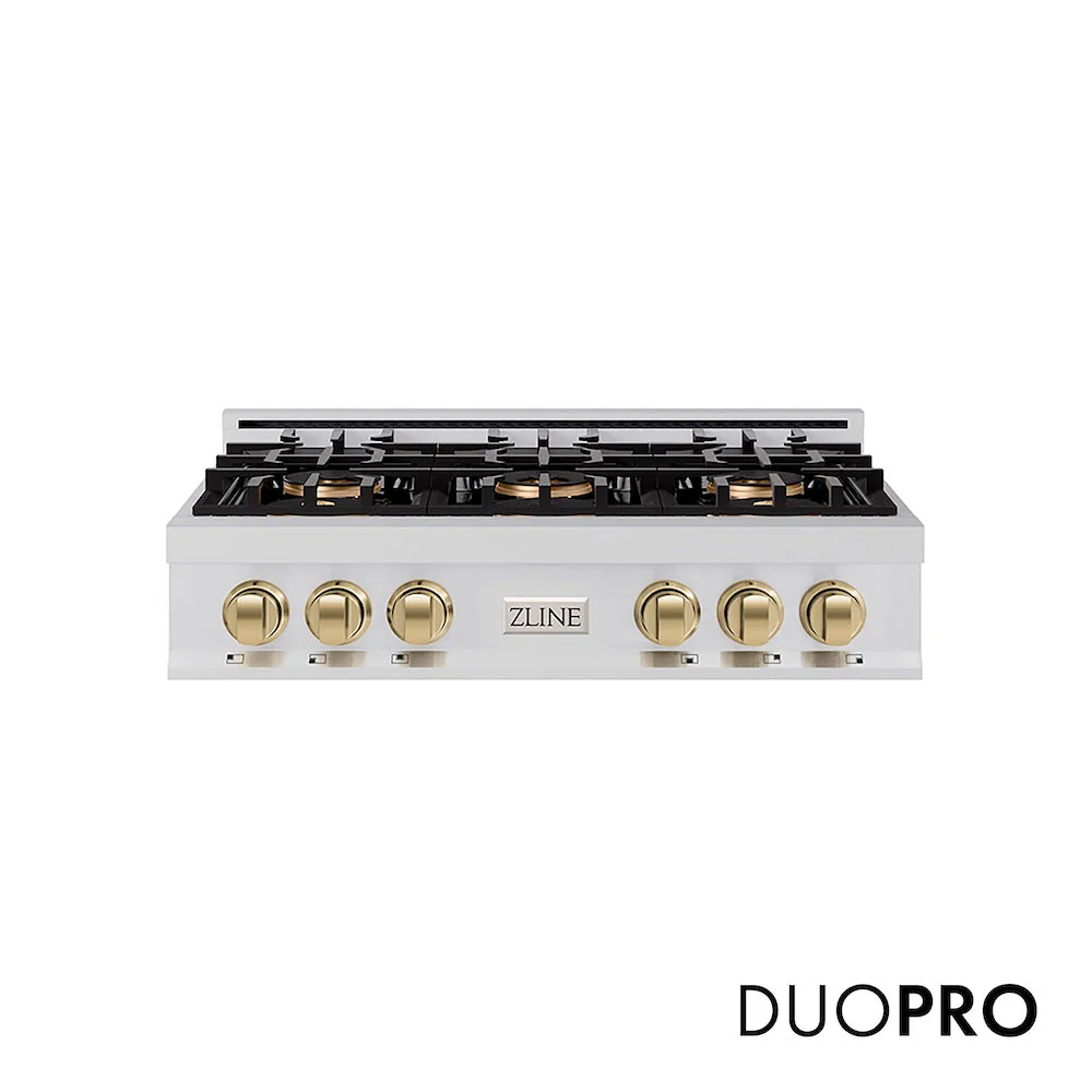 ZLINE Autograph Edition 36 in. Classic Gas Rangetop with 6 Burner DuoPro™ Cooktop in Stainless Steel and Champagne Bronze Accents, Open Box-Good Condition