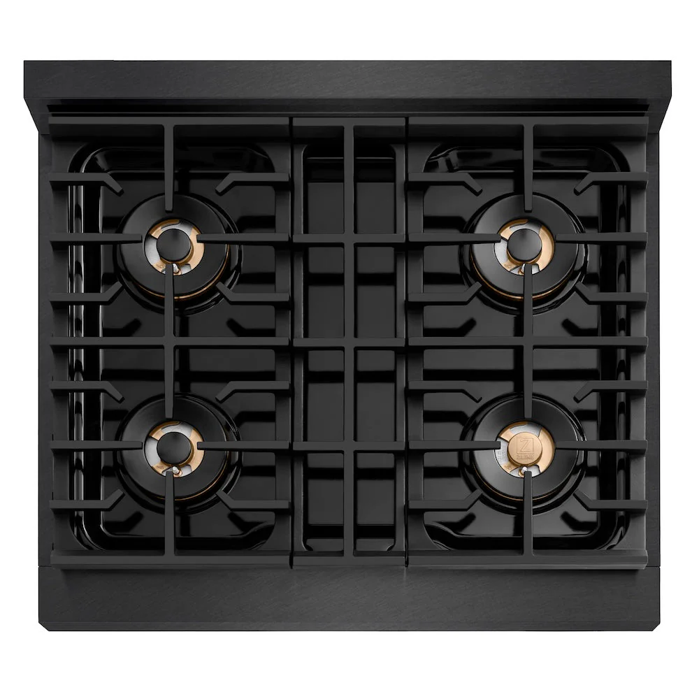 ZLINE Autograph Edition 30 in. 4.2 cu. ft. Paramount Dual Fuel Range with 4 Burner DuoPro™ Cooktop and Electric Convection Oven in Black Satin Stainless Steel and Polished Gold Accents, Open Box-Good Condition - Image 2
