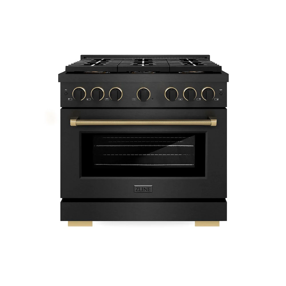ZLINE Designer Collection 36 in. 5.2 cu. ft. Paramount Dual Fuel Range with 6 Burner DuoPro™ Cooktop and Electric Convection Oven in Black Satin Stainless Steel with Matte Black and Champagne Bronze Accents, Open Box-Good Condition - Image 3