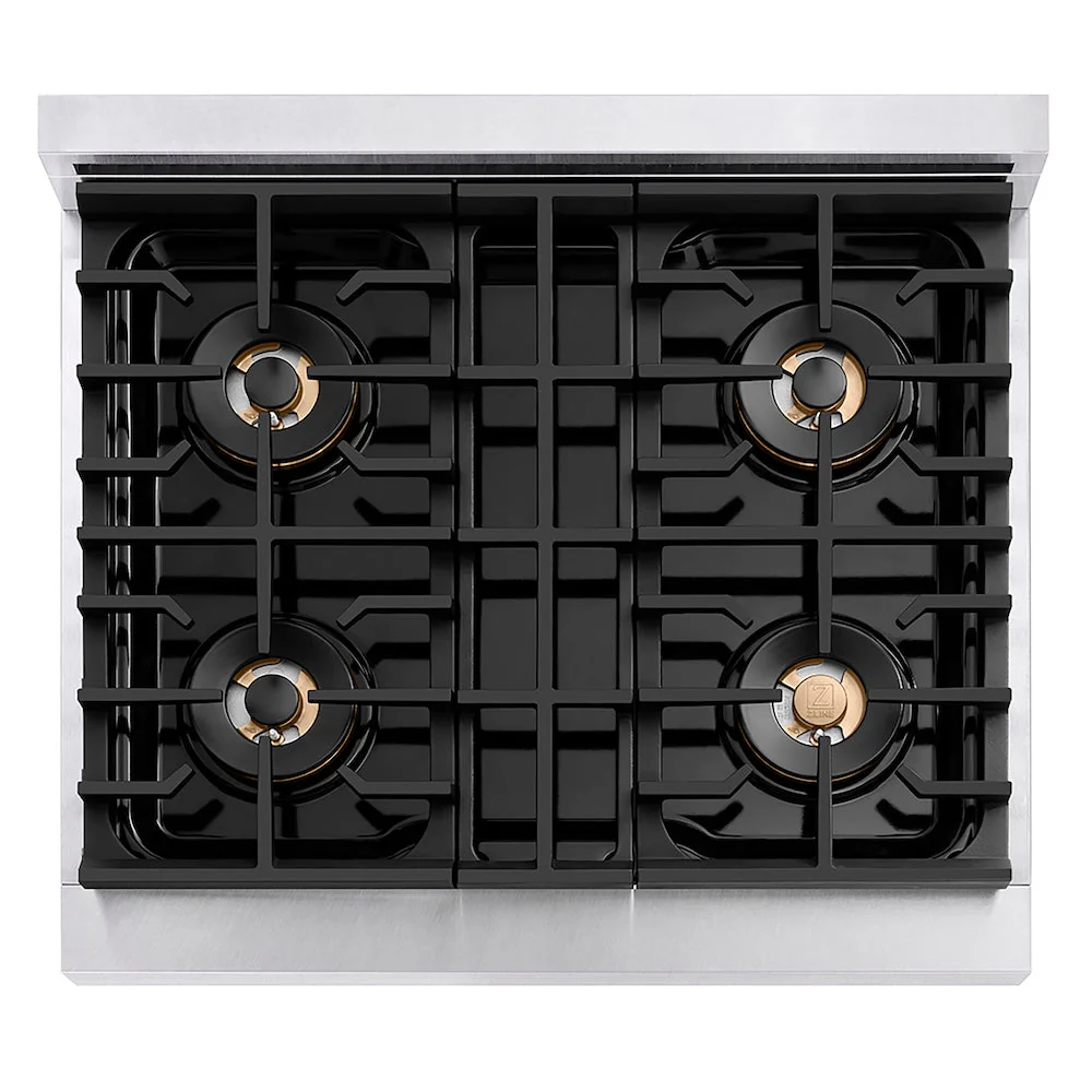ZLINE Autograph Edition 30 in. 4.2 cu. ft. Paramount Dual Fuel Range with 4 Burner DuoPro™ Cooktop and Electric Convection Oven in Satin Stainless Steel and Champagne Bronze Accents, Open Box-Good Condition - Image 2