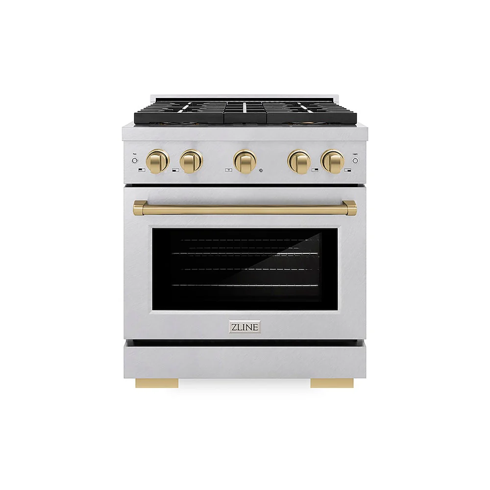 ZLINE Autograph Edition 30 in. 4.2 cu. ft. Paramount Dual Fuel Range with 4 Burner DuoPro™ Cooktop and Electric Convection Oven in Satin Stainless Steel and Champagne Bronze Accents, Open Box-Good Condition - Image 4